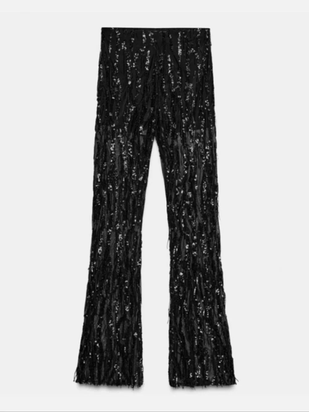 Zara SEQUIN FRINGED FLARE PANTS LEGGINGS BLACK SIZE L